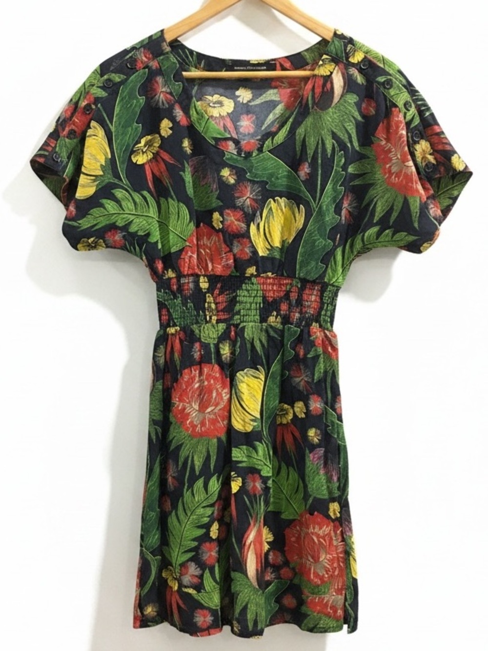 French Connection Navy Tropical Floral Smocked Waist Linen Dress